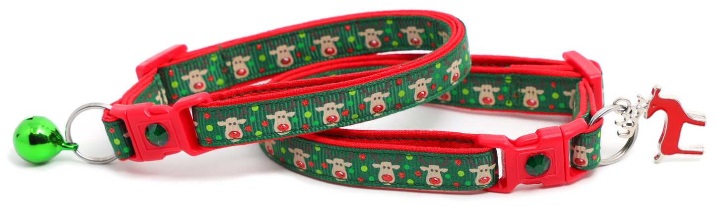 Red and Green Jolly Reindeer Breakaway Cat Collar-3