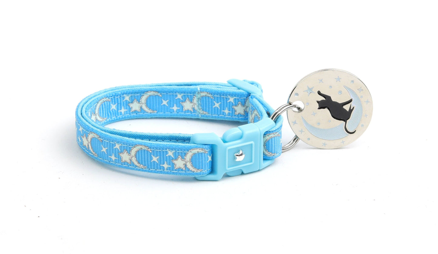 Silver Moons and Stars on Blue Cat Collar-1