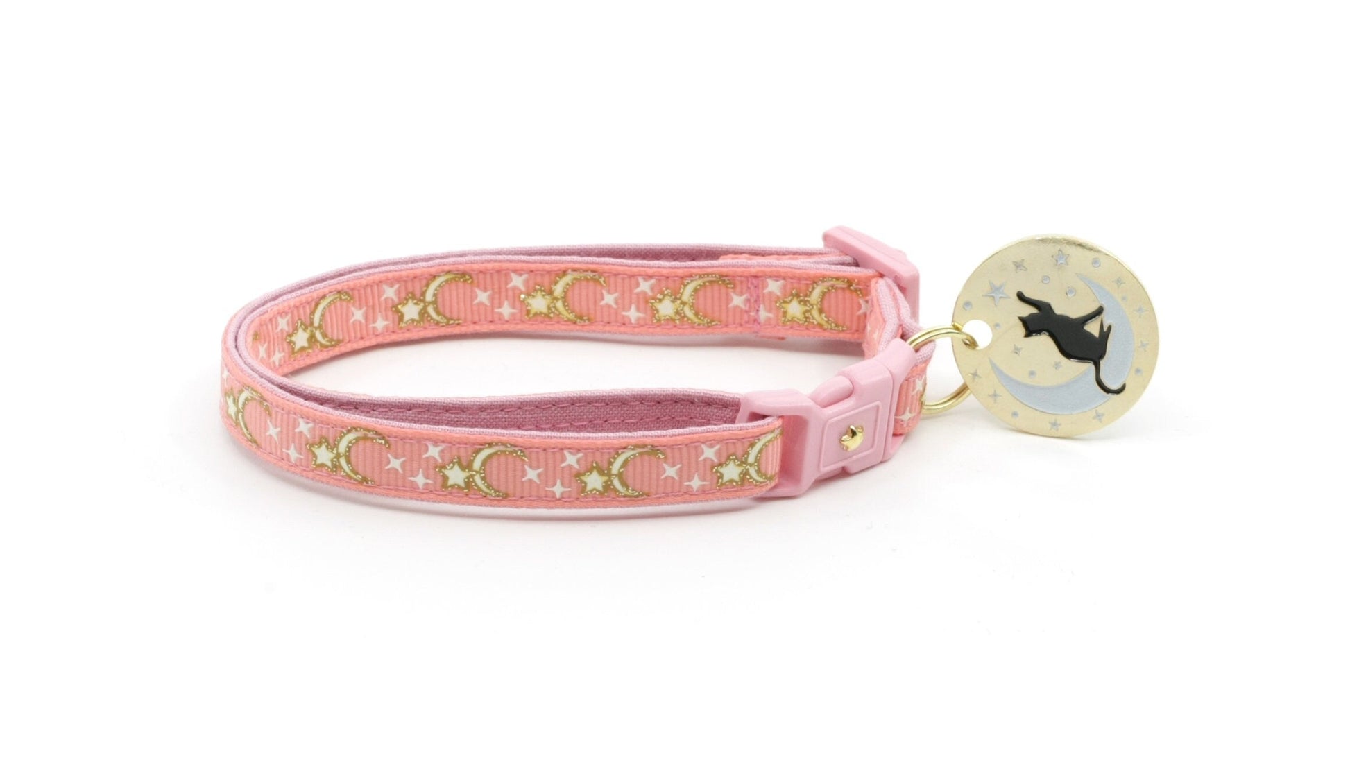 Gold Moons and Stars on Coral Pink Cat Collar-3