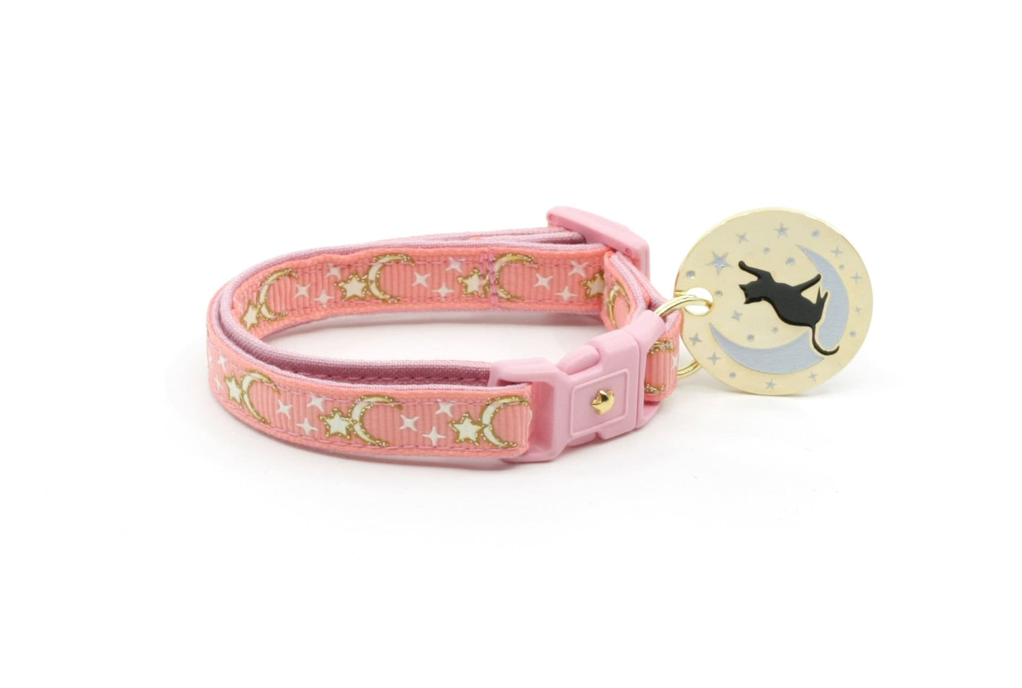 Gold Moons and Stars on Coral Pink Cat Collar-1