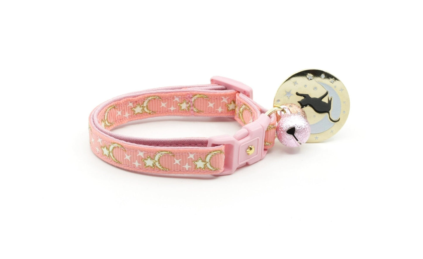Gold Moons and Stars on Coral Pink Cat Collar-5