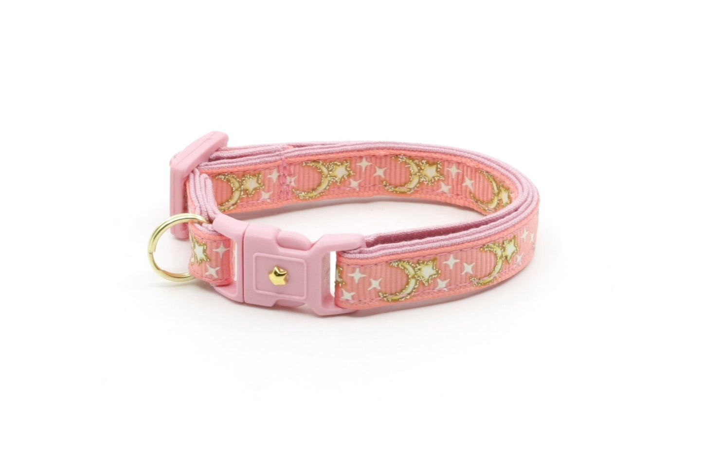 Gold Moons and Stars on Coral Pink Cat Collar-4