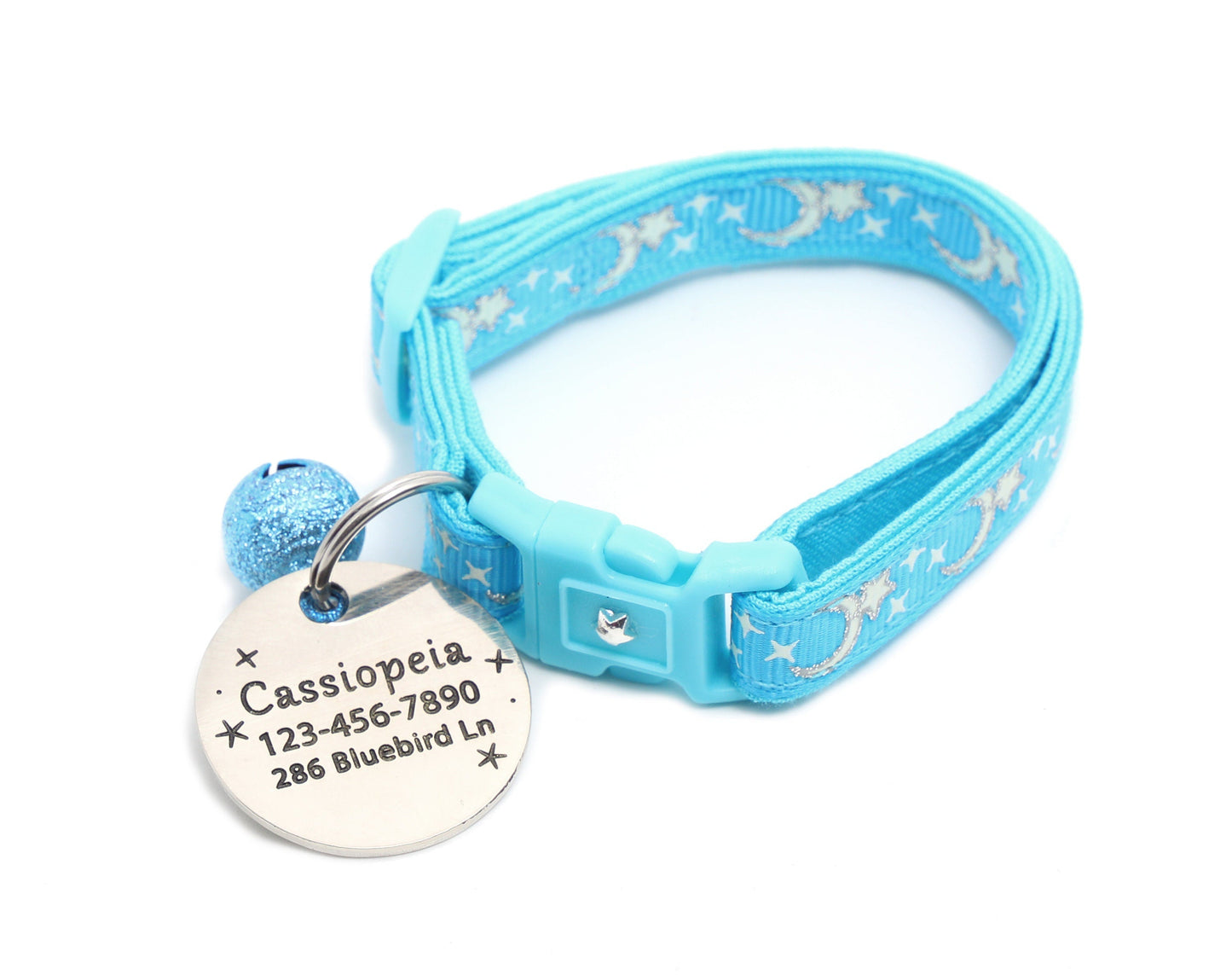 Silver Moons and Stars on Blue Cat Collar-7