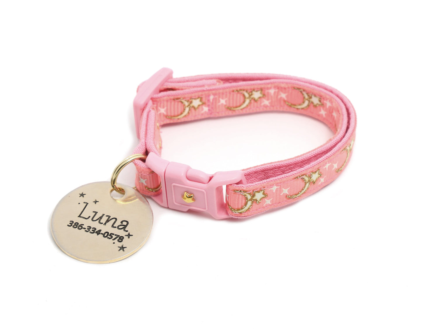 Gold Moons and Stars on Coral Pink Cat Collar-6