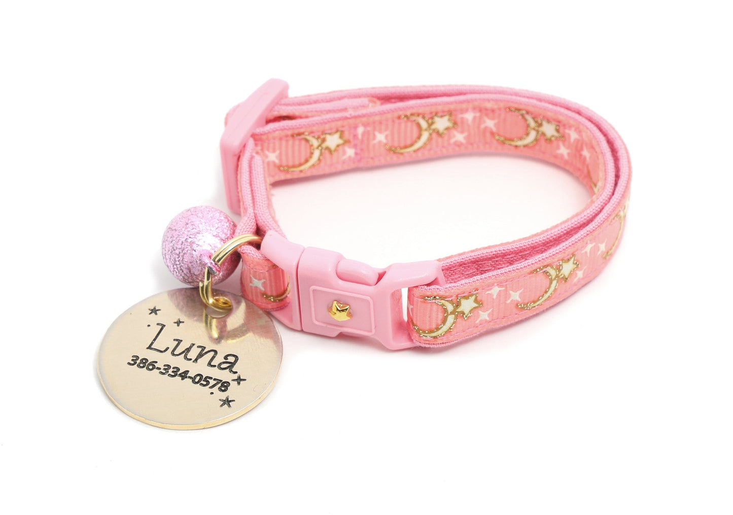Gold Moons and Stars on Coral Pink Cat Collar-7