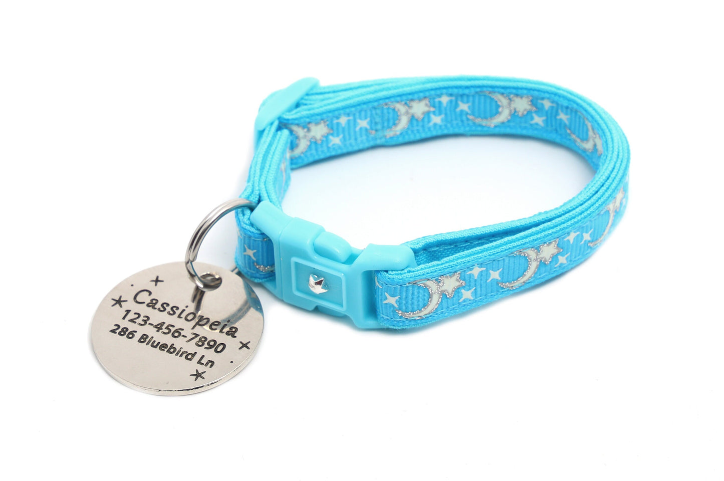 Silver Moons and Stars on Blue Cat Collar-6