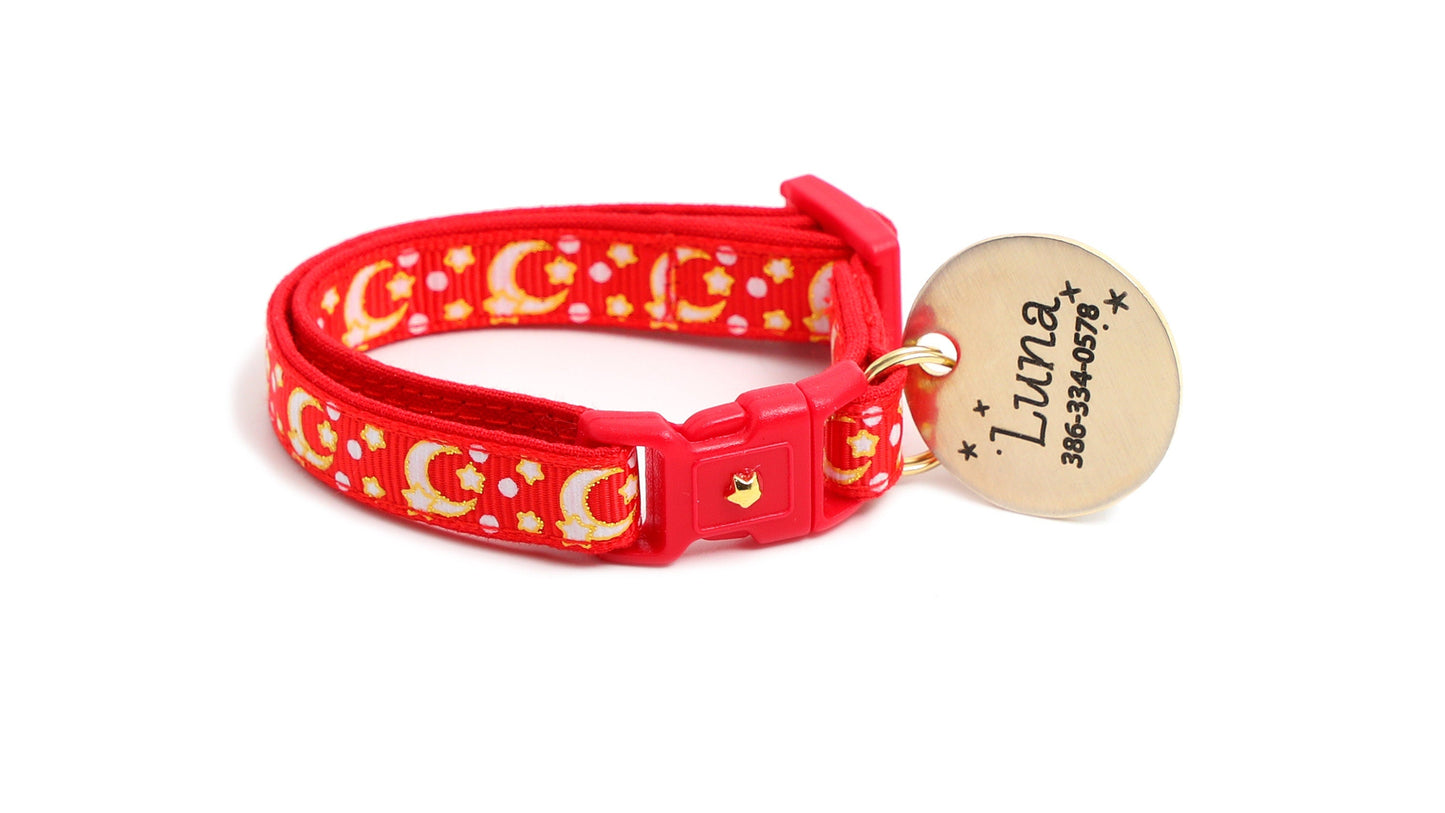 Gold Moons and Stars on Bright Red Cat Collar
