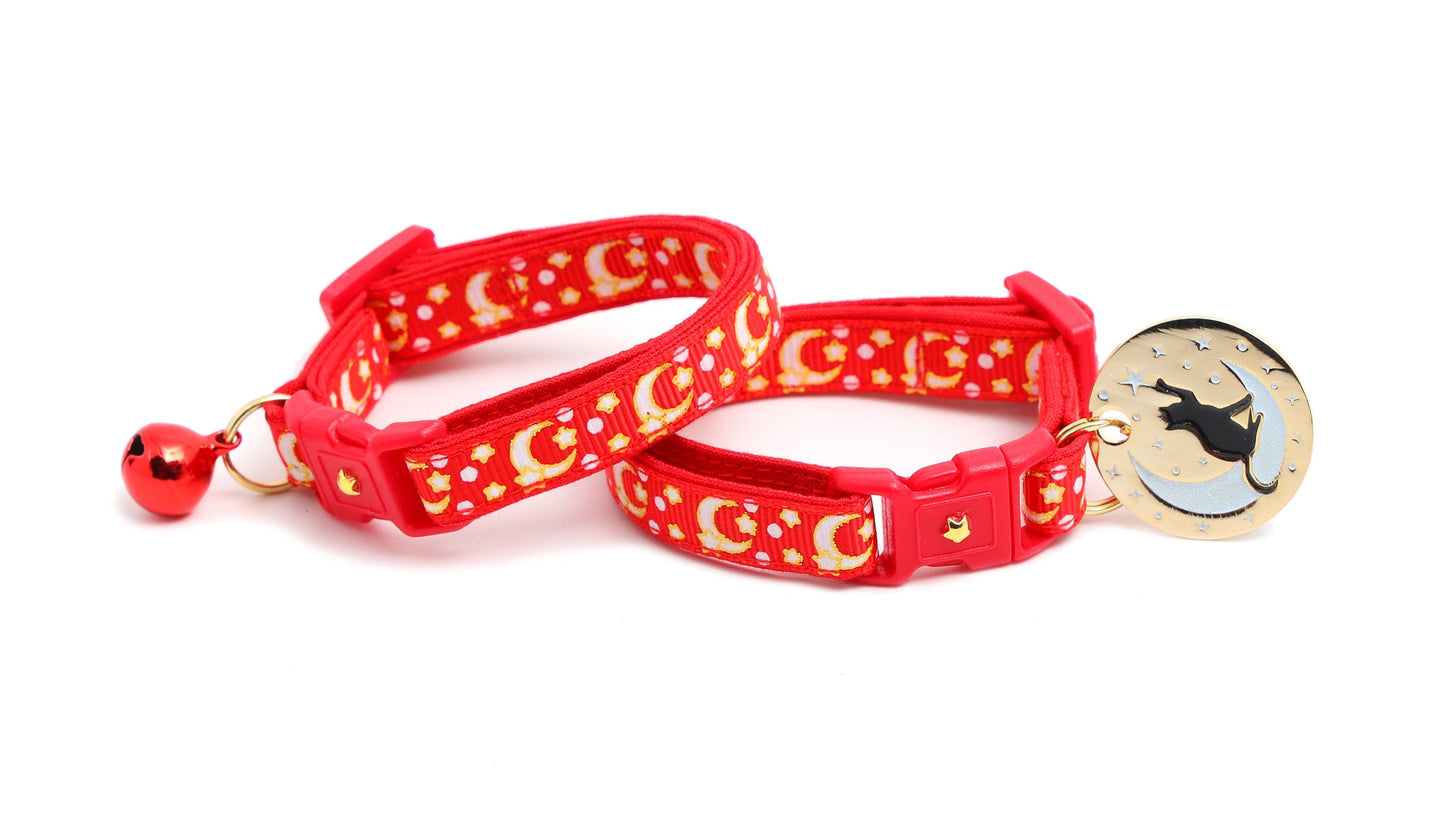 Gold Moons and Stars on Bright Red Cat Collar
