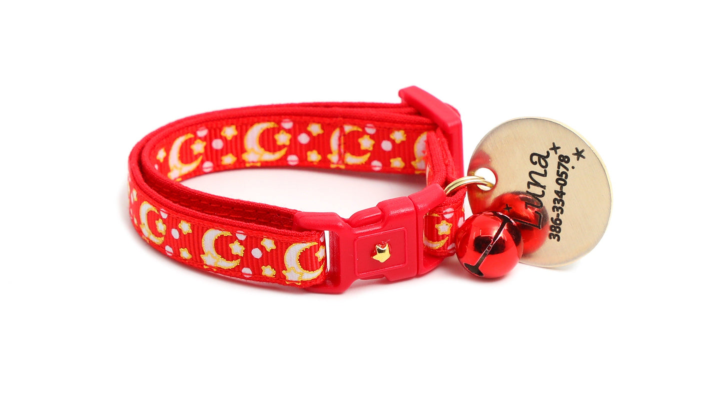 Gold Moons and Stars on Bright Red Cat Collar