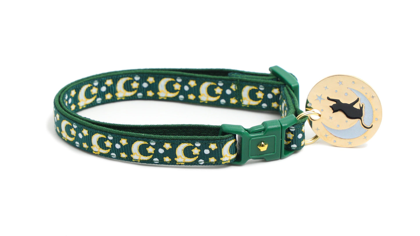 Gold Moons and Stars on Dark Green Cat Collar-4