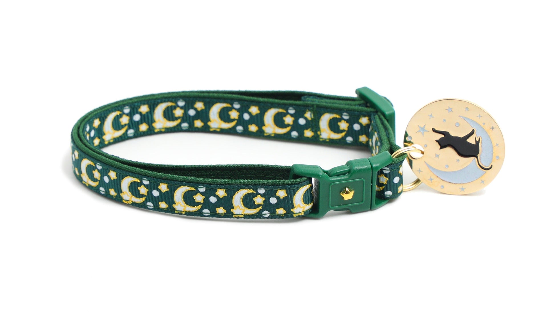 Gold Moons and Stars on Dark Green Cat Collar-4