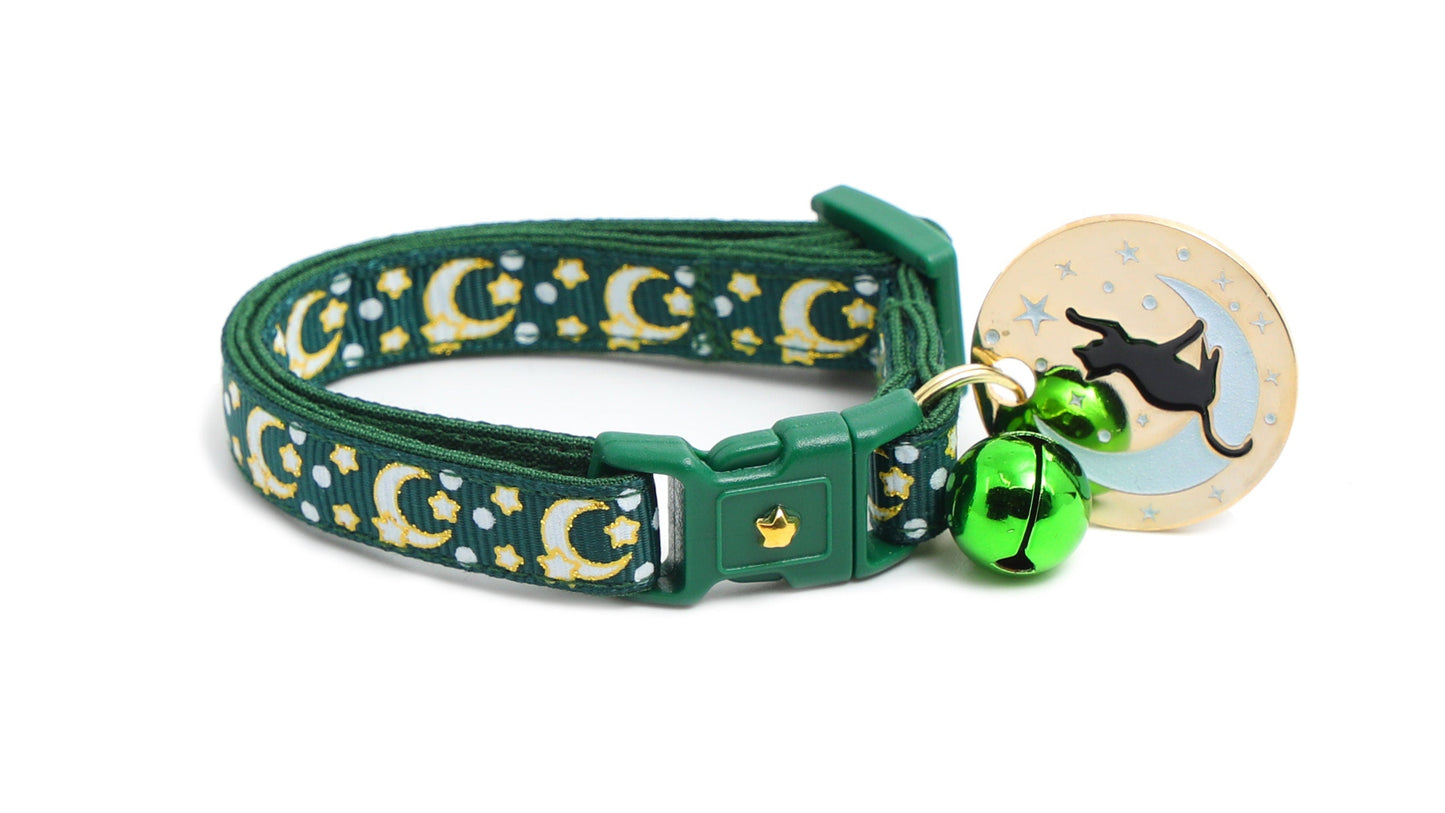Gold Moons and Stars on Dark Green Cat Collar-5