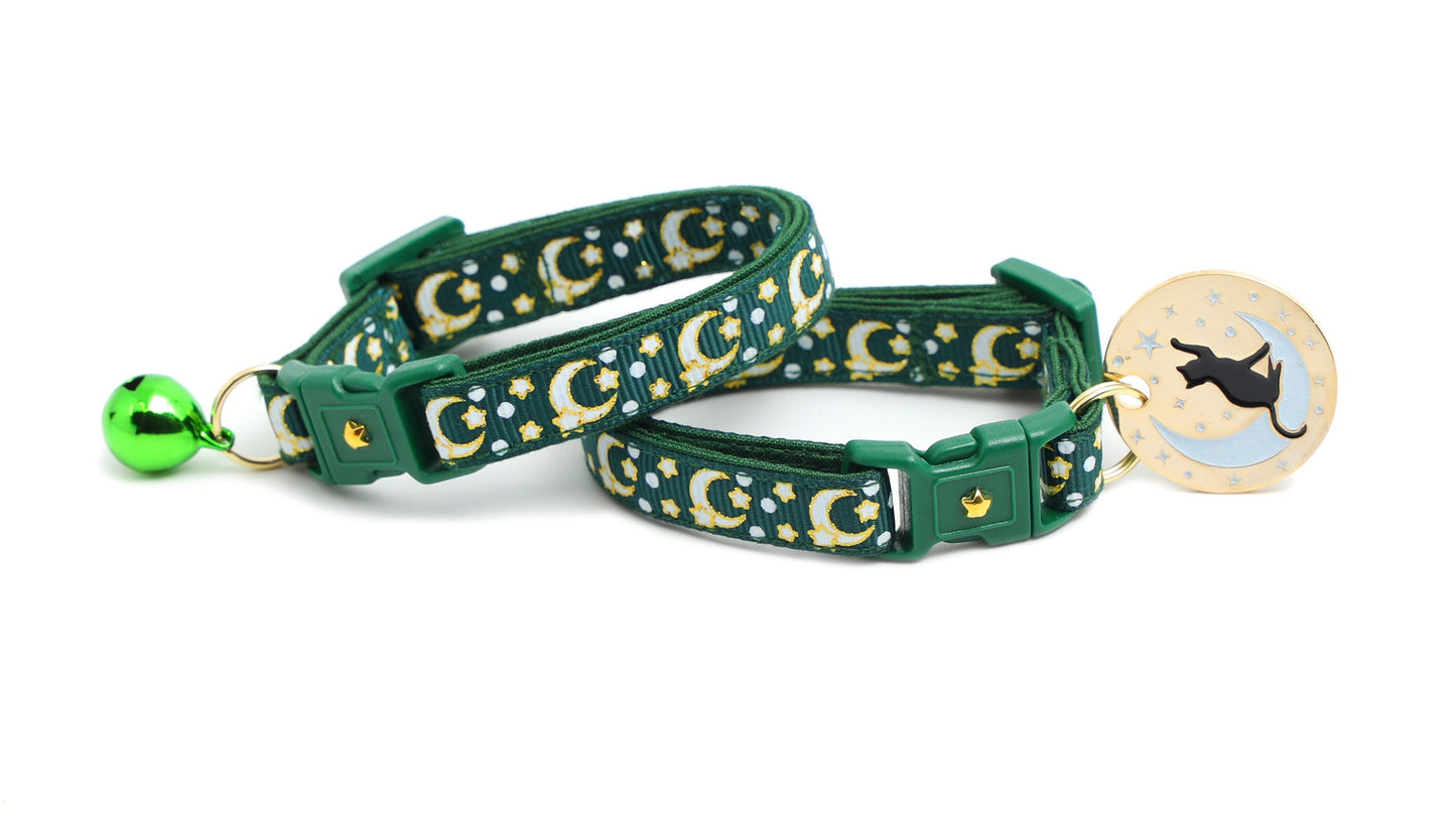 Gold Moons and Stars on Dark Green Cat Collar-2