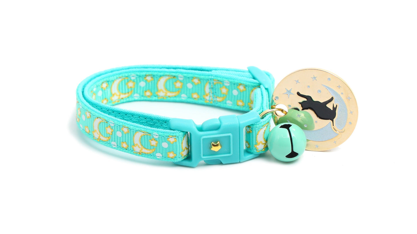 Gold Moons and Stars on Aqua V2 Cat Collar-5