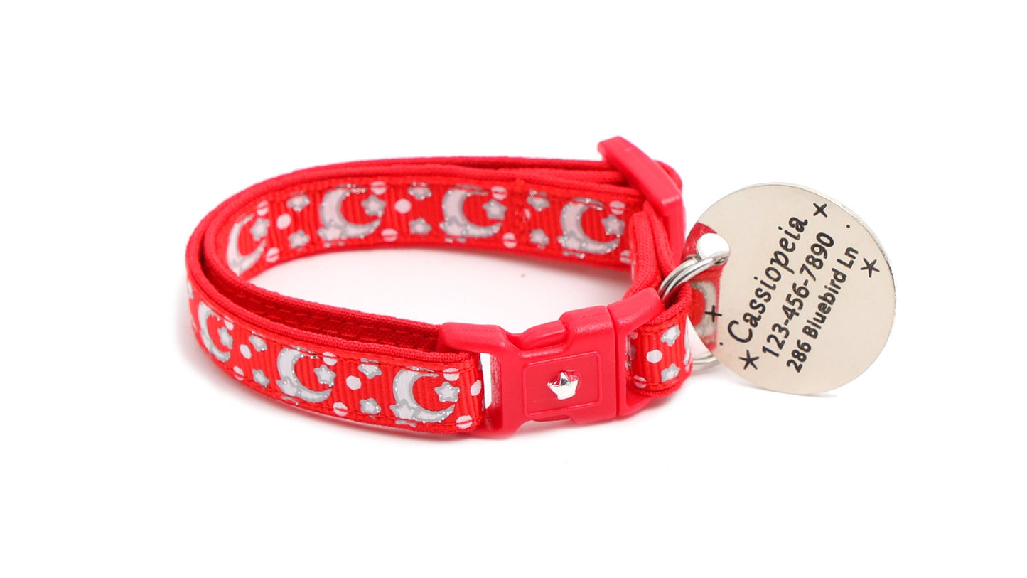 Silver Moons and Stars on Bright Red Cat Collar-6