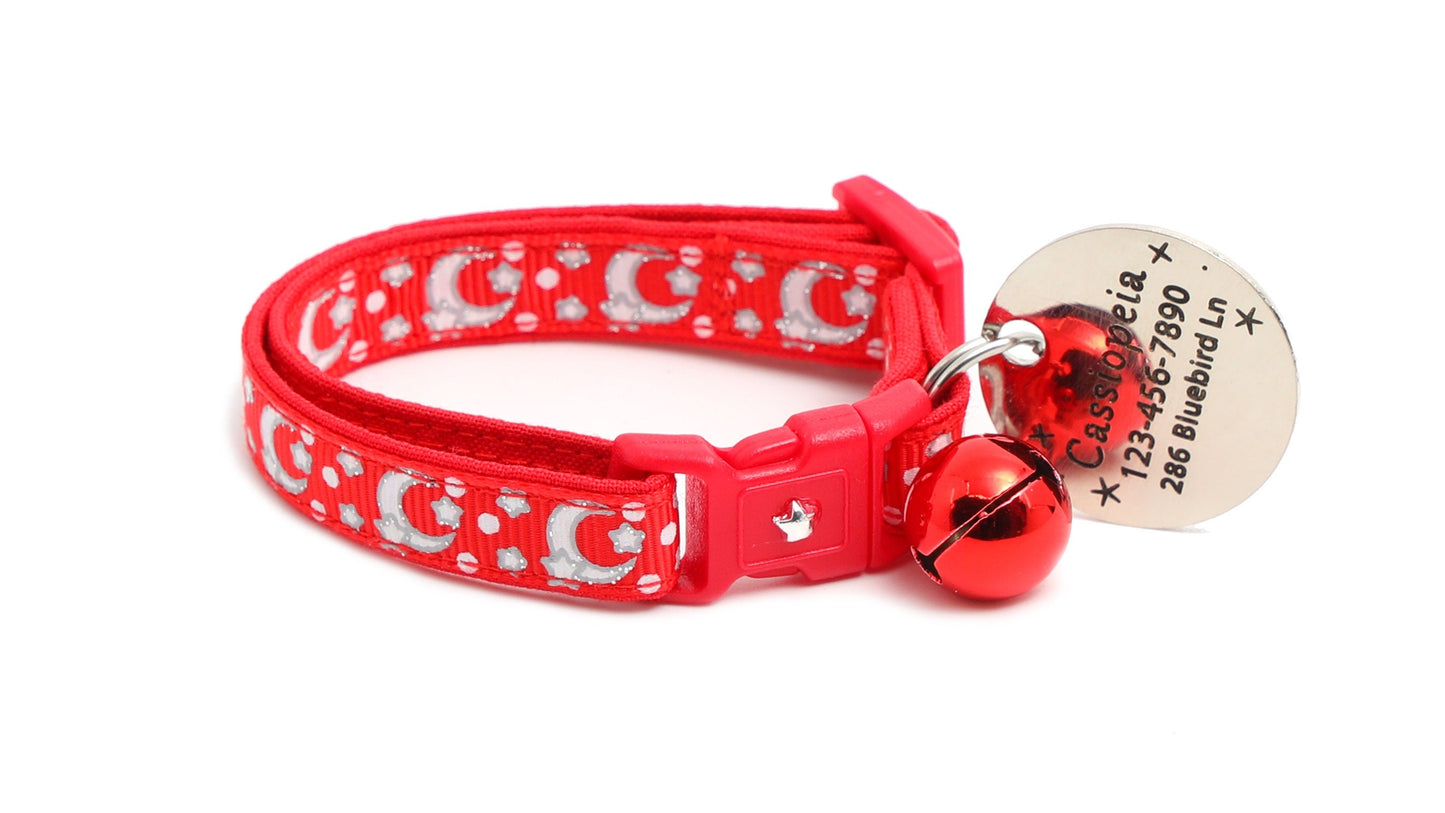 Silver Moons and Stars on Bright Red Cat Collar-7