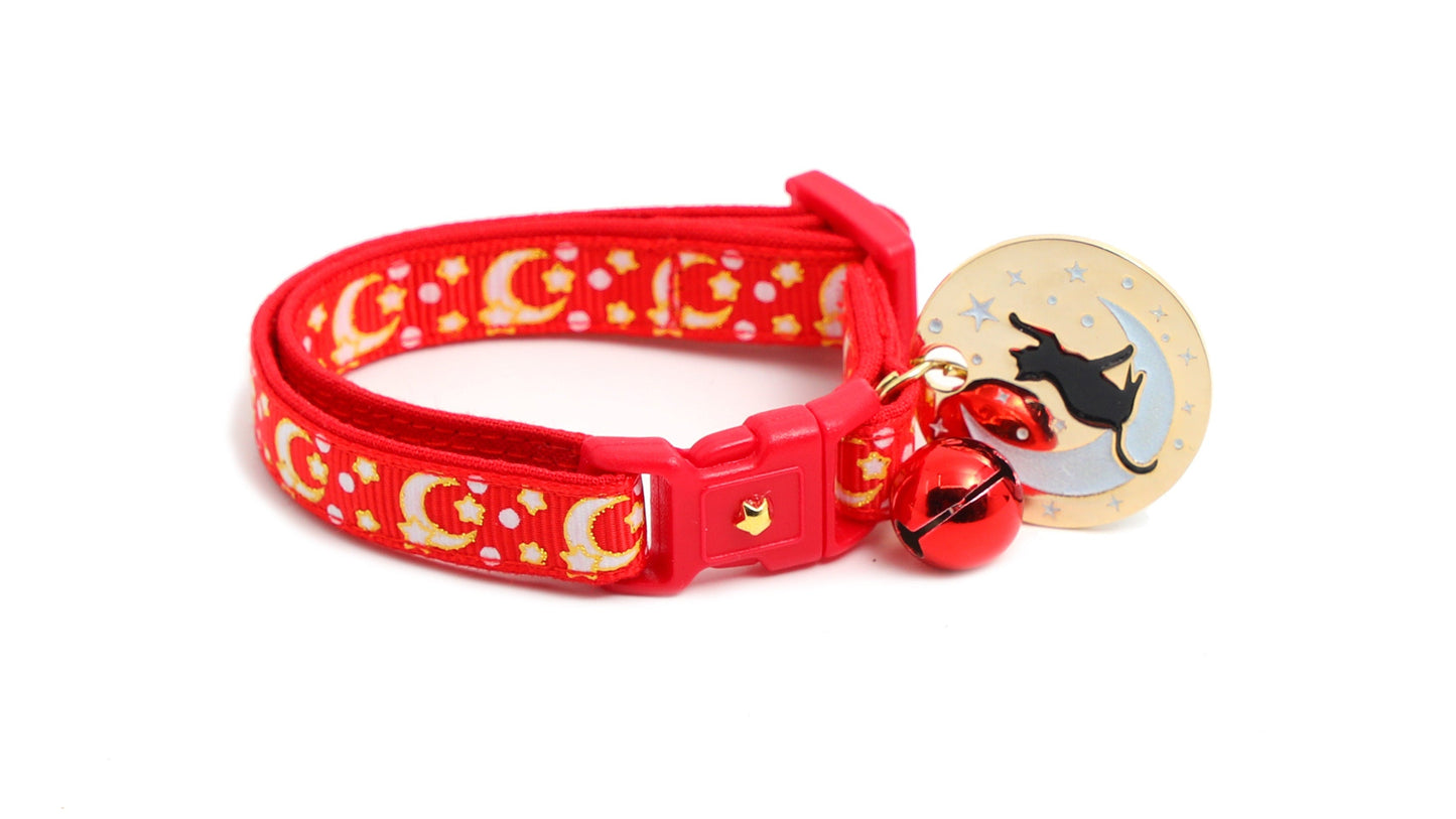 Gold Moons and Stars on Bright Red Cat Collar