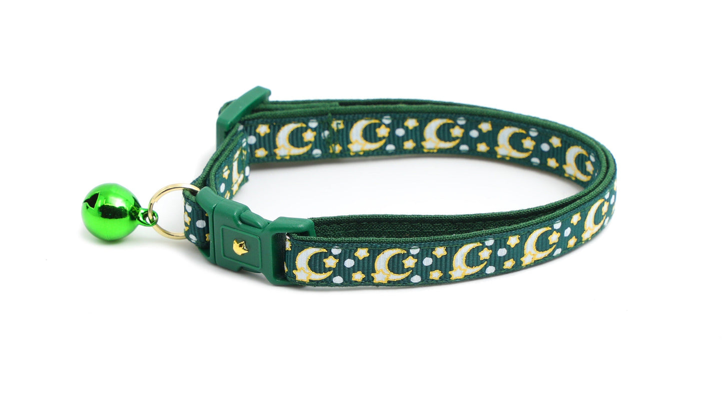 Gold Moons and Stars on Dark Green Cat Collar-3