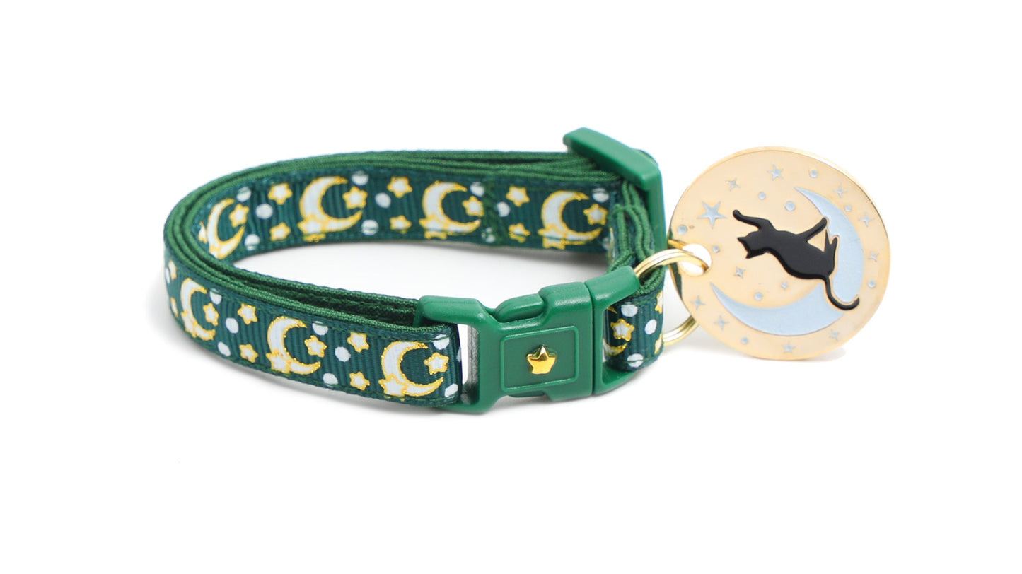 Gold Moons and Stars on Dark Green Cat Collar-1