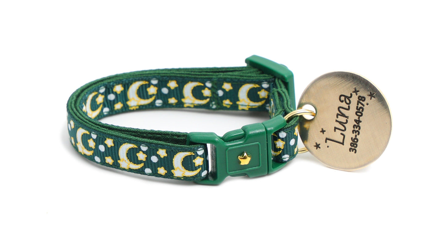 Gold Moons and Stars on Dark Green Cat Collar-6