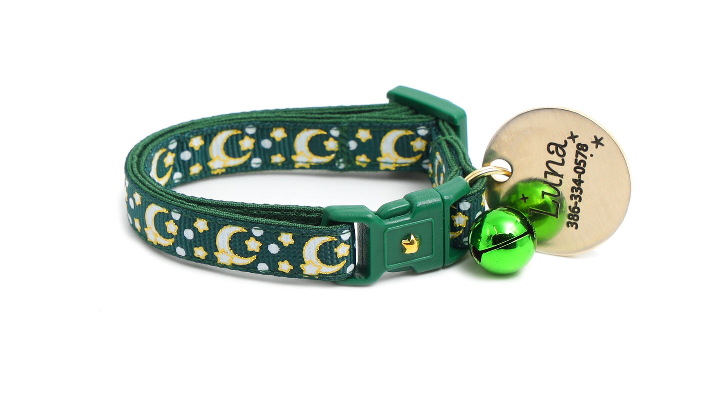 Gold Moons and Stars on Dark Green Cat Collar-7