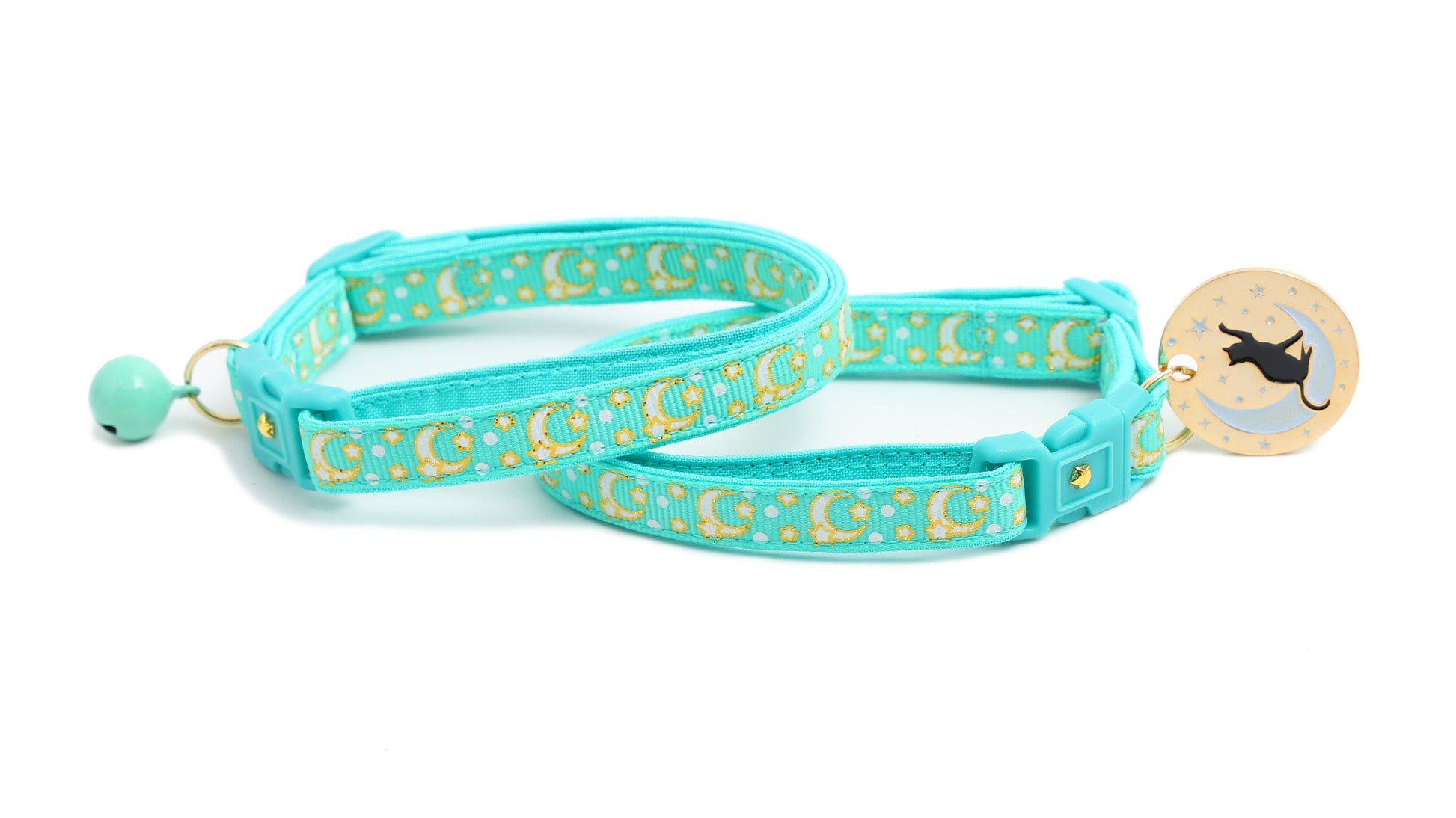 Gold Moons and Stars on Aqua V2 Cat Collar-2