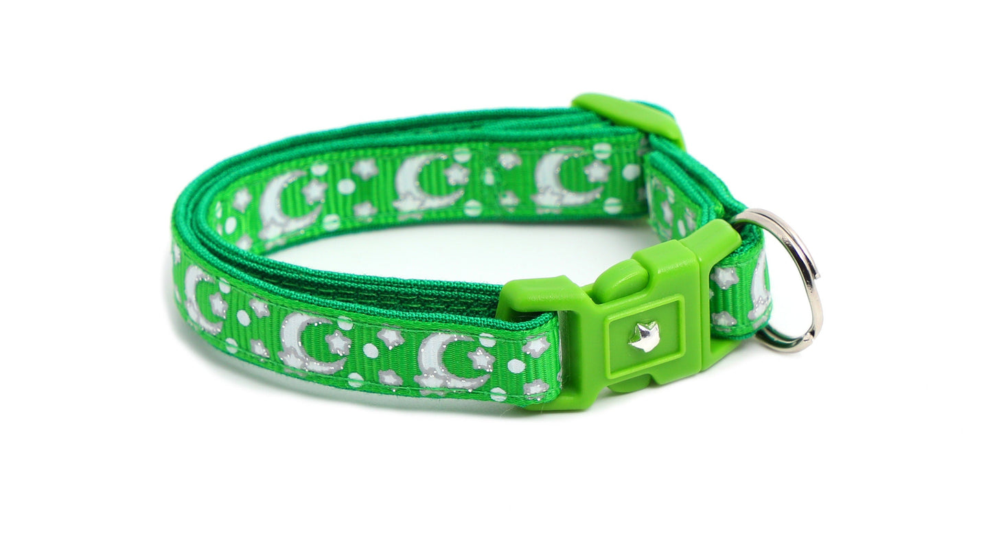 Silver Moons and Stars on Kelly Green Cat Collar-8