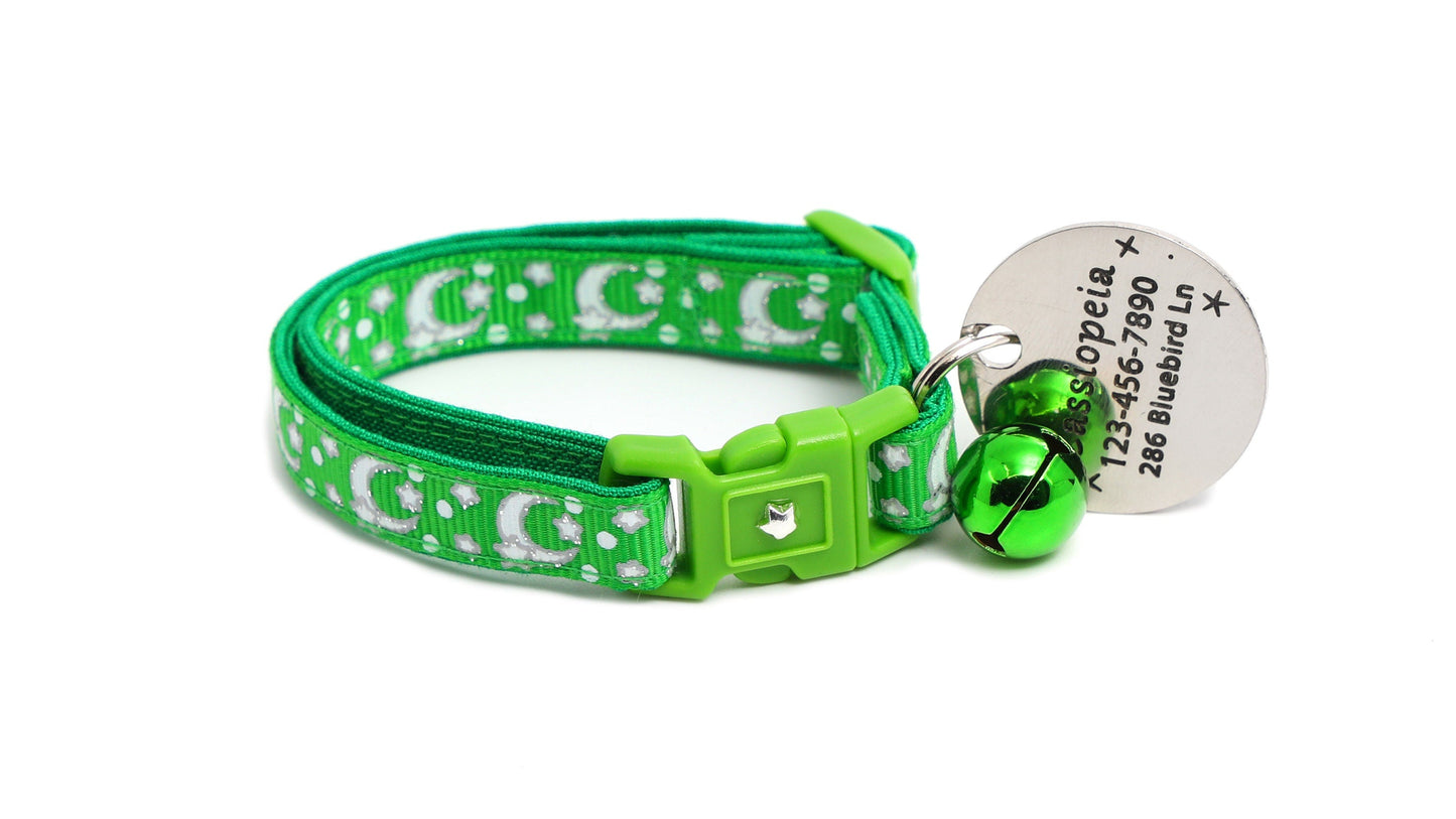 Silver Moons and Stars on Kelly Green Cat Collar-7