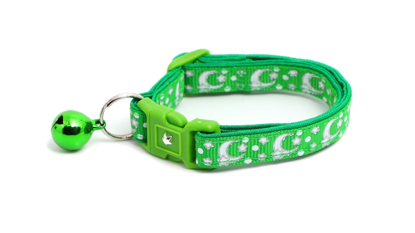 Silver Moons and Stars on Kelly Green Cat Collar-0