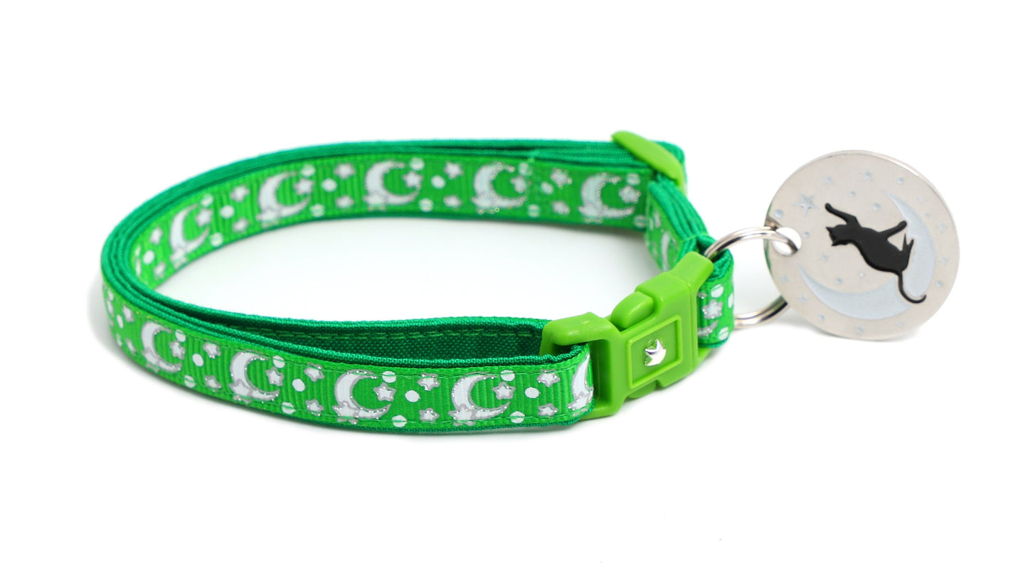 Silver Moons and Stars on Kelly Green Cat Collar-4