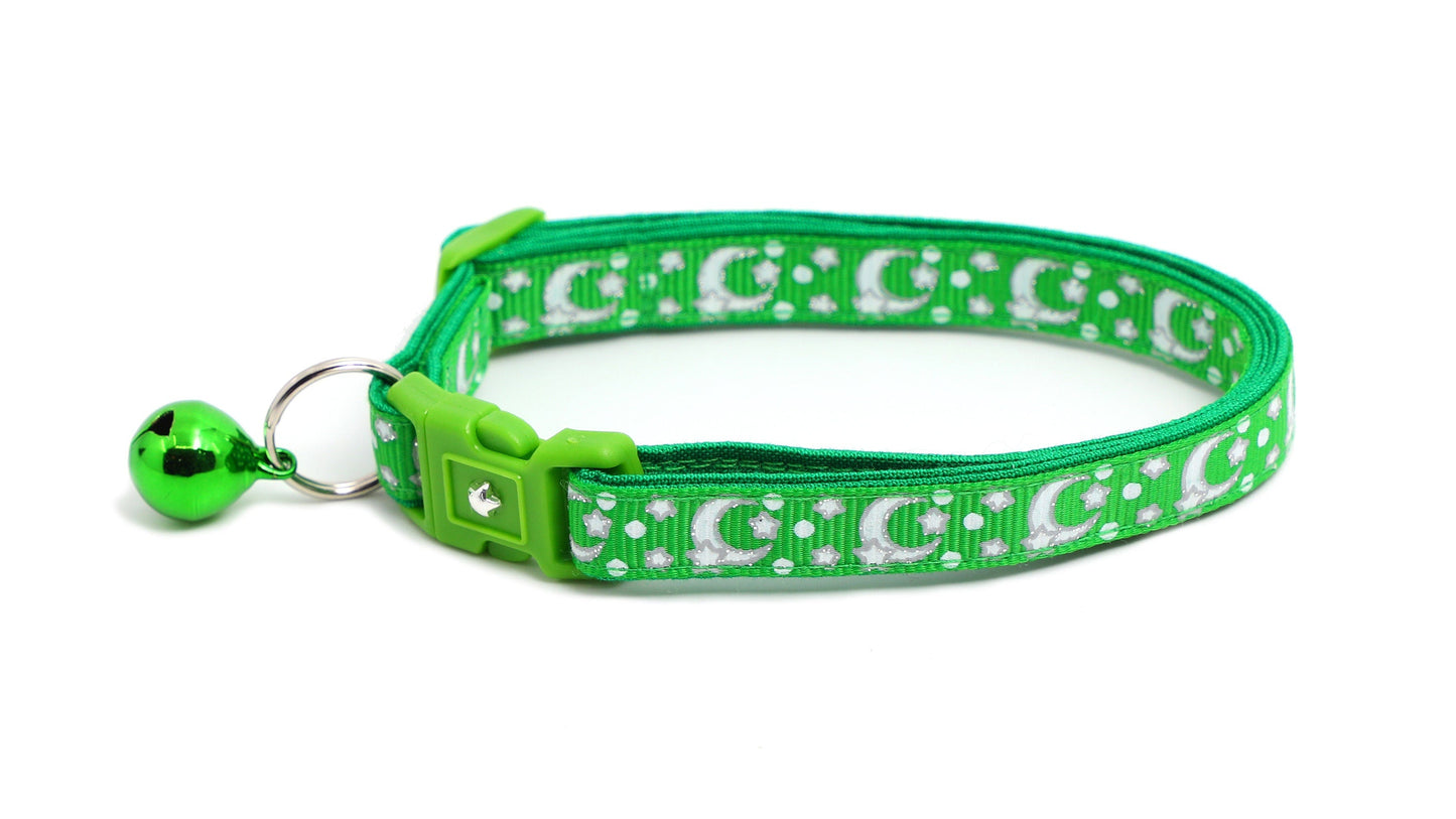 Silver Moons and Stars on Kelly Green Cat Collar-3