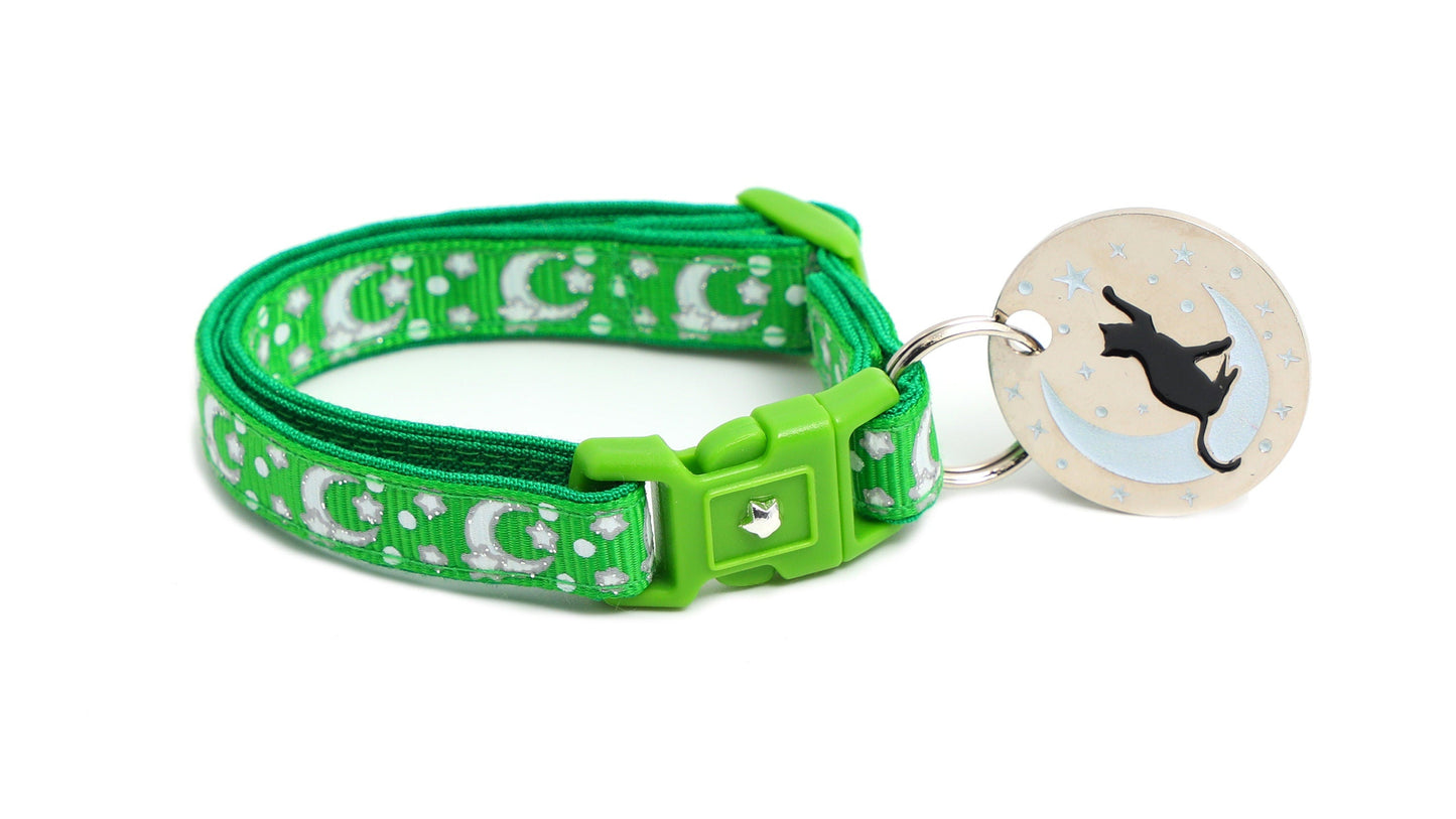 Silver Moons and Stars on Kelly Green Cat Collar-1