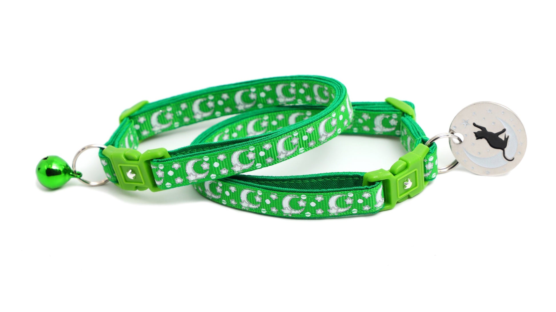 Silver Moons and Stars on Kelly Green Cat Collar-2