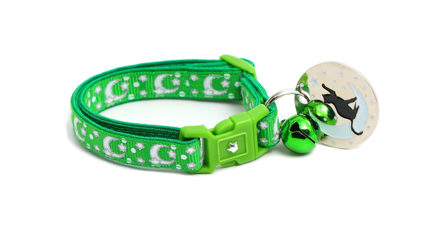 Silver Moons and Stars on Kelly Green Cat Collar-5