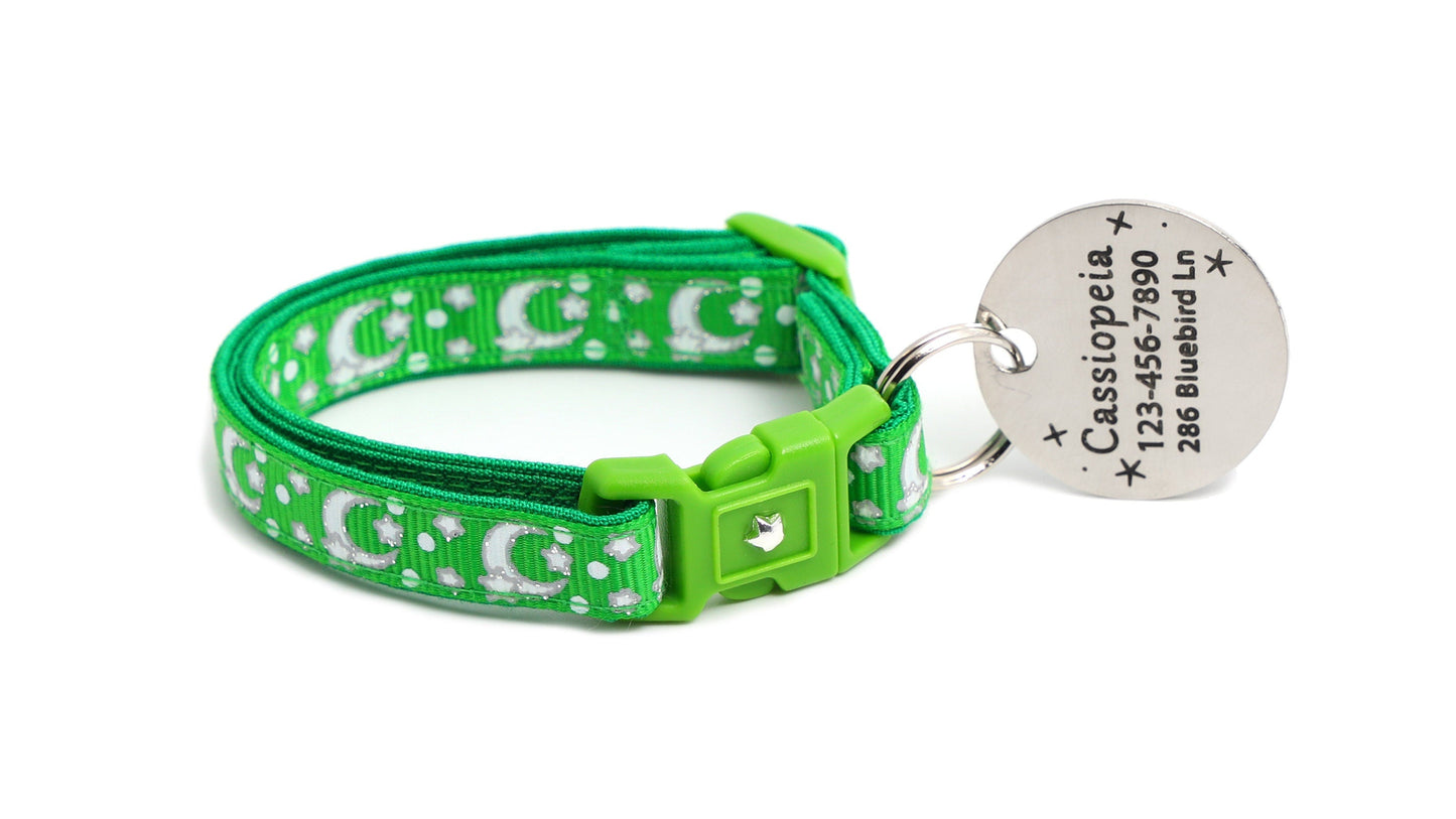 Silver Moons and Stars on Kelly Green Cat Collar-6